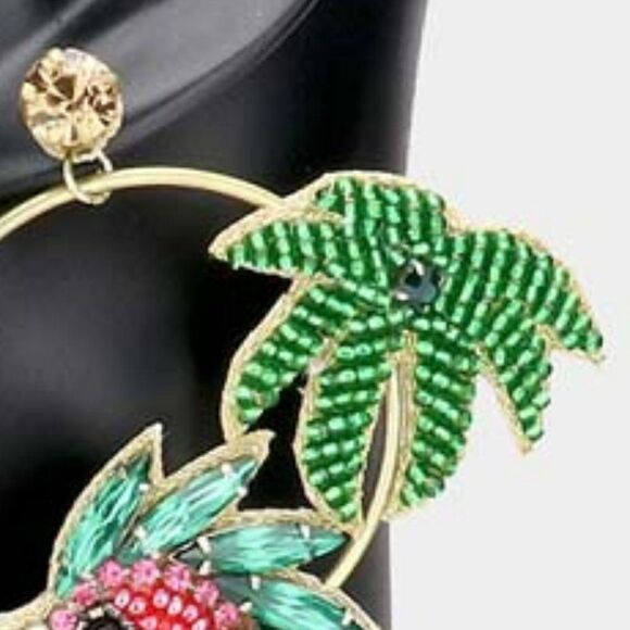 Parrot Open Metal Circle Palm Tree Dangle Earrings - Picture 6 of 7